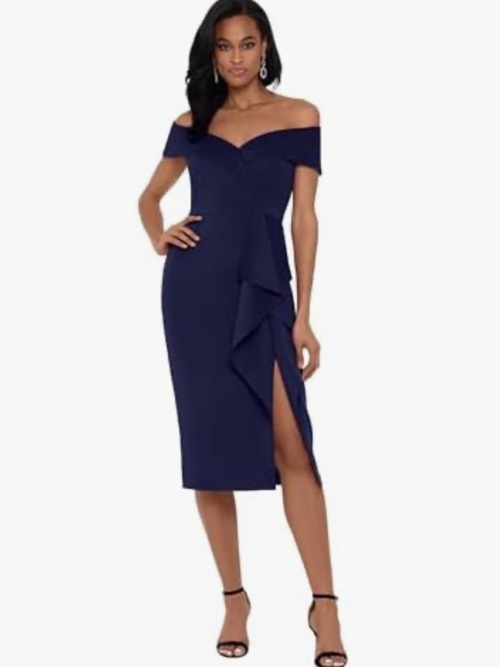 Xscape 3781X Navy Scuba Crepe Off Shoulder Ruffle Cocktail Midi Dress 6 NWT